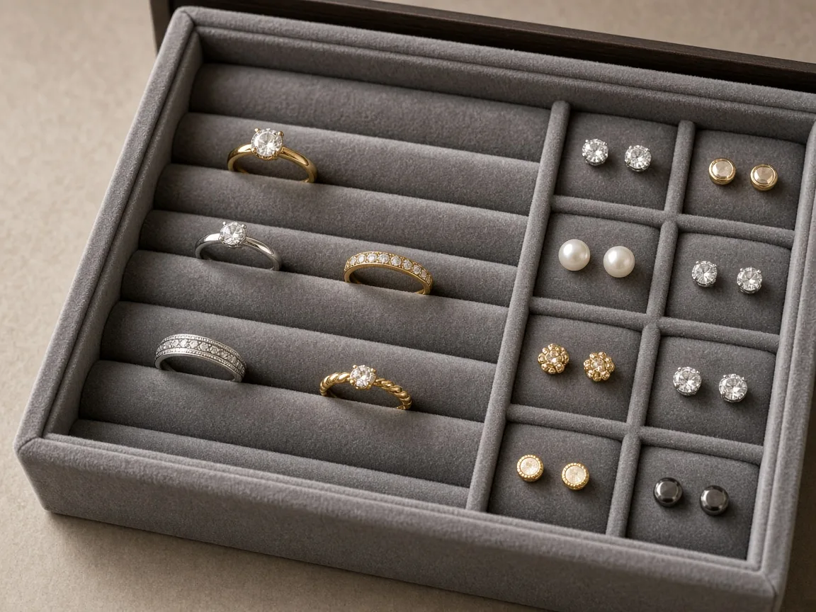 Nahaufnahme einer Schublade mit Ringrollen und kleinen Fächern für Ohrringe