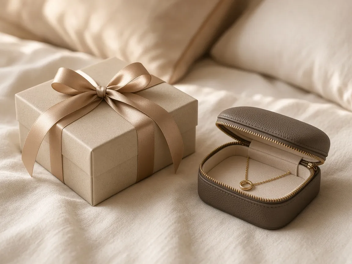 Verpacktes Geschenk mit Schleife neben einem kleinen Reiseschmuckkästchen auf einem Bett