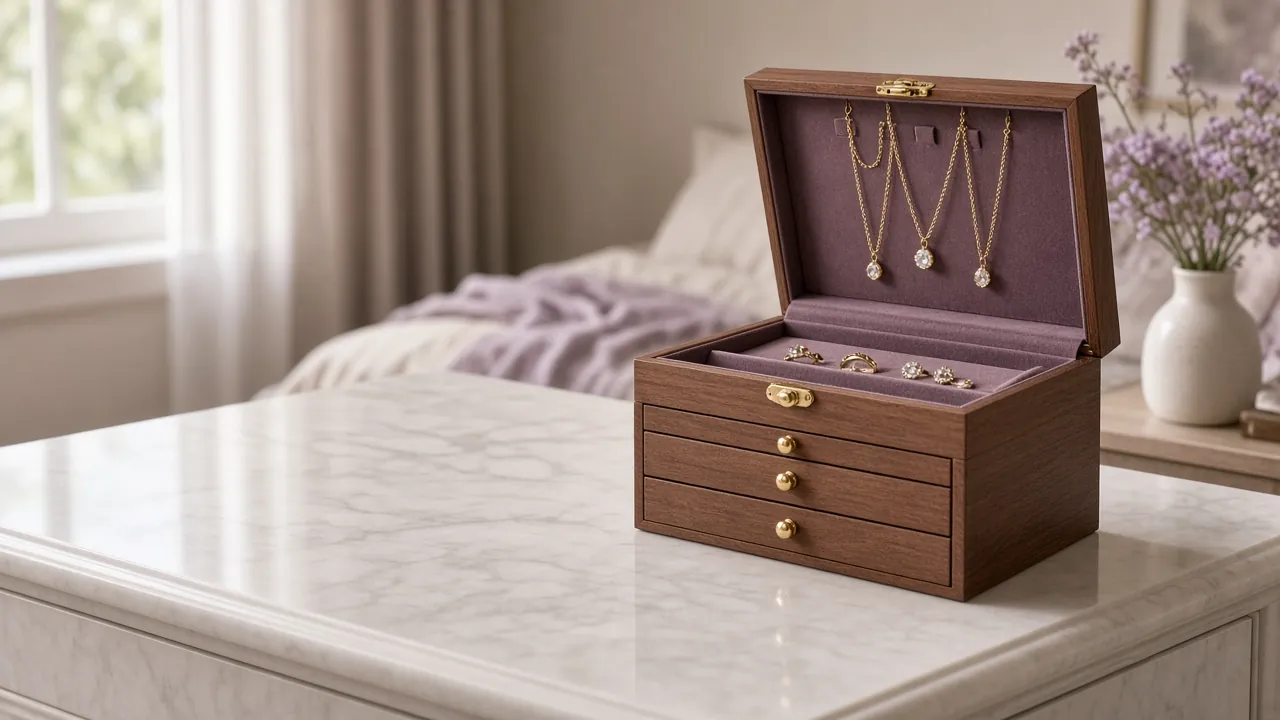 Geöffnetes Schmuckkästchen aus Holz mit Ketten und Ringen auf einer Kommode